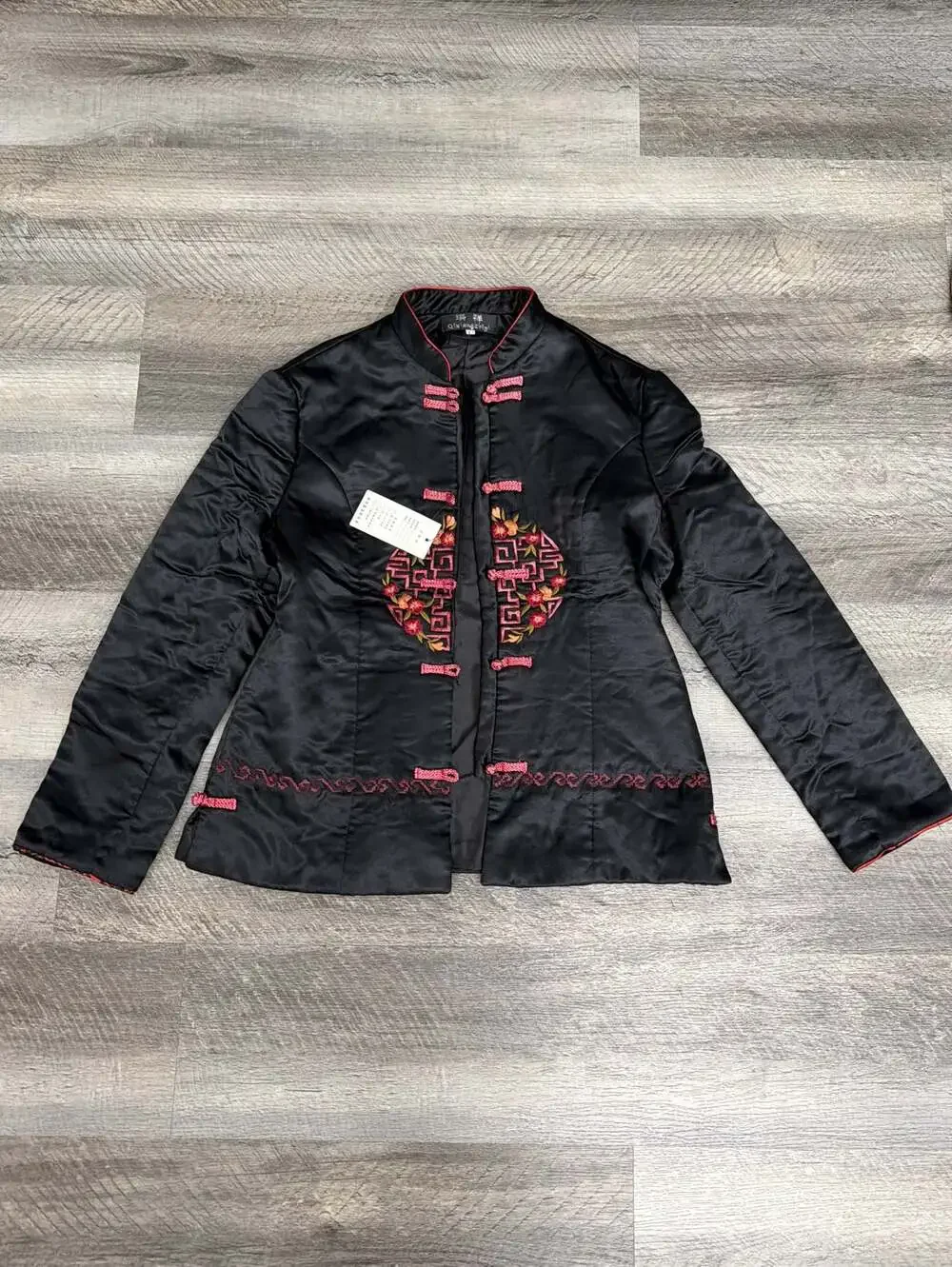 QiWangZhiYi Vintage Black Satin Mandarin Collar Embroidered Chinese Jacket NWT